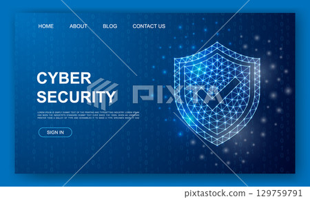 Shield with check mark 3d polygonal website template. Internet safety design illustration. Low poly cyber security symbol for homepage banner design. 129759791