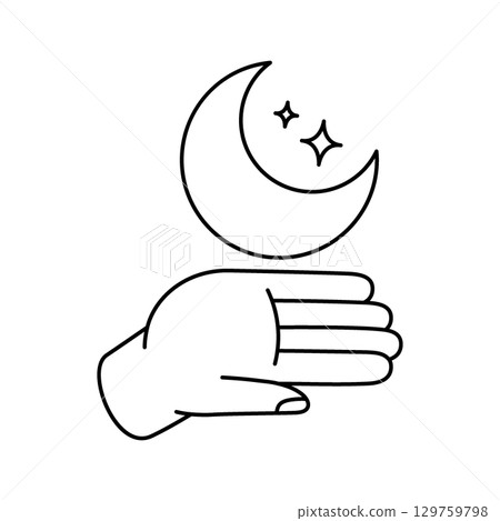 Hand holding a spiritual moon. Mystical, esoteric, magic or healing moon. Mystic astrology crescent moon. Vector illustration 129759798