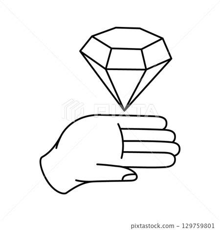 Hand holds a diamond. Magic mineral crystal. Gemstone, amethyst, ruby, sapphire, emerald, topaz and quartz. Vector illustration. Hand holds a diamond. Magic mineral crystal. Gemstone, amethyst, ruby, sapphire, emerald, topaz and quartz. Vector illustration. 129759801