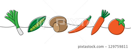 Bunch of peas, potato, chili pepper, carrot, tomato, spring onions one line colored continuous drawing. Fresh organic vegetables. Vector illustration Bunch of peas, potato, chili pepper, carrot, tomato, spring onions one line colored continuous drawing. Fresh organic vegetables. Vector illustration 129759811