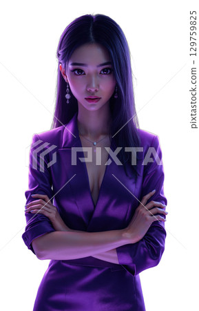 A visionary Asian female CEO in violet and silver, arms folded, surrounded by translucent phoenix wings forming user ratings, symbolizing 129759825