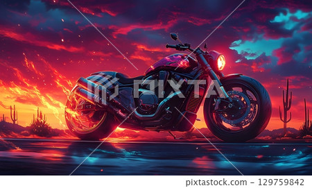 Powerful Cruiser Motorcycle Against Fiery Desert Sunset 129759842