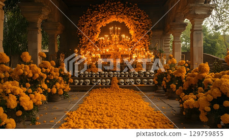 Day of the Dead Altar Decoration with Skulls and Marigolds 129759855