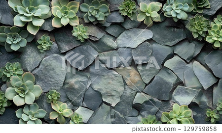 Succulent Plants Growing on Slate Wall Texture 129759858