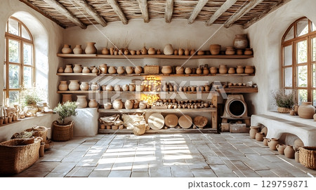 Rustic Pottery Studio Interior with Shelves of Clay Jars 129759871