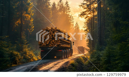 Logging Trucks Transporting Timber in Forest at Sunset 129759979