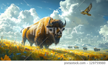 Majestic American Bison Roaming Freely in Colorful Meadow 129759980