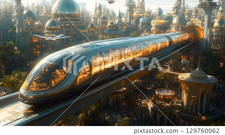 Futuristic High-Speed Train Enters Station in Golden City 129760062