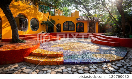 Exotic Home Interior with Courtyard and Tiled Surfaces 129760080