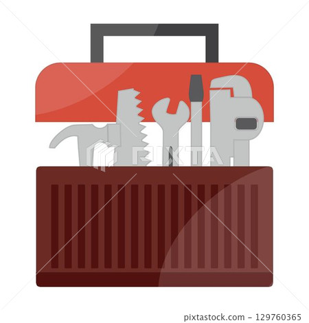 Toolbox filled with various tools in flat design vector, Handyman toolbox with hammer and pliers. 129760365