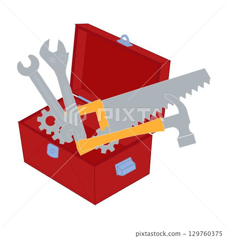 Toolbox filled with various tools in flat design vector, Handyman toolbox with hammer and pliers. Toolbox filled with various tools in flat design vector, Handyman toolbox with hammer and pliers. 129760375
