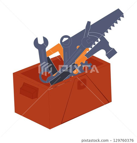 Toolbox filled with various tools in flat design vector, Handyman toolbox with hammer and pliers. 129760376