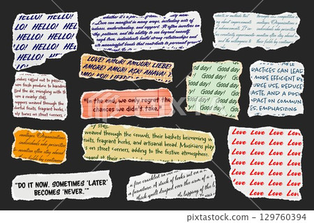 Ripped paper strips with handwritten text. Realistic crumpled paper scraps with torn edges. Shreds of notebook, book or old newspaper pages. Trendy collage elements. Vector illustration Ripped paper strips with handwritten text. Realistic crumpled paper scraps with torn edges. Shreds of notebook, book or old newspaper pages. Trendy collage elements. Vector illustration 129760394