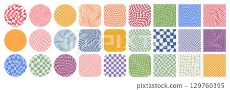Groovy checkered pattern, colorful tiled grid. Vintage wavy curved backdrop, distortion effect. Funky geometric chessboard texture, retro background in 90s style, y2k. Vector illustration 129760395