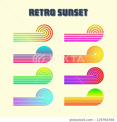 Vintage colorful sunset. Various gradient striped sunrise badges in 80s and 90s style. Sun and ocean view, summer vibes, surfing. Design element for print, logo or t-shirt. Vector illustration 129760398