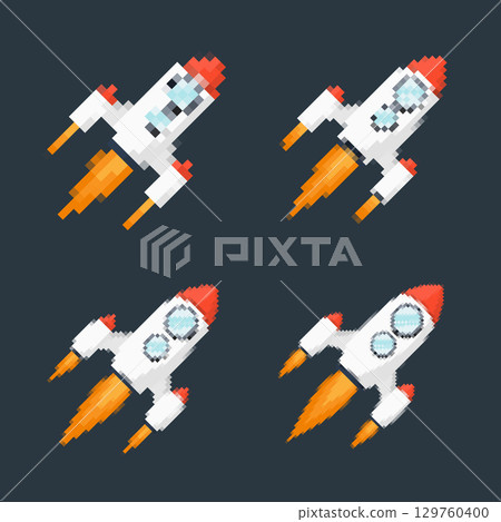 Pixel art rocket with fiery trails, retro games, space-themed designs, apps, or animations. 8-bit style for technology, sci-fi, and futuristic creative projects. Vector illustration 129760400