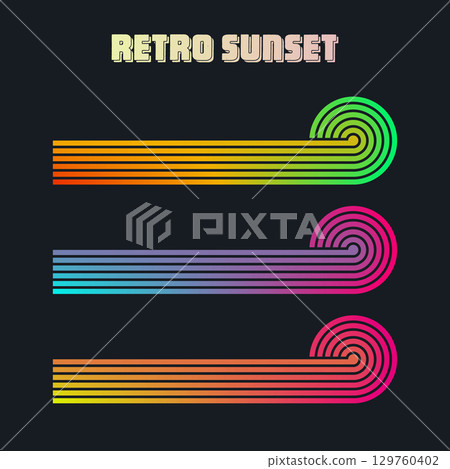 Vintage colorful sunset. Various gradient striped sunrise badges in 80s and 90s style. Sun and ocean view, summer vibes, surfing. Design element for print, logo or t-shirt. Vector illustration 129760402