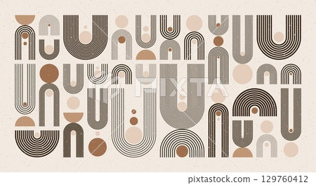 Arch and circle elements, modern geometric shapes. Contemporary design, mid century minimalist art. Trendy design elements for wall decor, posters, books, covers and flyers. Vector illustration Arch and circle elements, modern geometric shapes. Contemporary design, mid century minimalist art. Trendy design elements for wall decor, posters, books, covers and flyers. Vector illustration 129760412