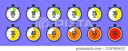 Stopwatch icons. Colorful simple chronometer, time counter with dial. Countdown timer showing hours and minutes. Deadline, measurement for sport. Cooking time label, sticker. Vector illustration Stopwatch icons. Colorful simple chronometer, time counter with dial. Countdown timer showing hours and minutes. Deadline, measurement for sport. Cooking time label, sticker. Vector illustration 129760415