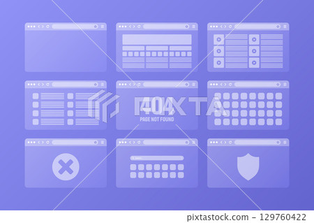 Web browser window, transparent pages layout with toolbar and search field. Modern website, internet page. Browser mockup for computer, tablet and smartphone. Adaptive UI. Vector illustration 129760422