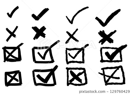 Hand-drawn grunge-style check marks and X marks in varied sketchy designs. Raw, textured illustrations 129760429