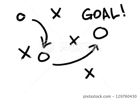 Sport tactic diagram with player positions and dynamic movement paths. Strategic arrows illustrate gameplay flow and team coordination. 129760430