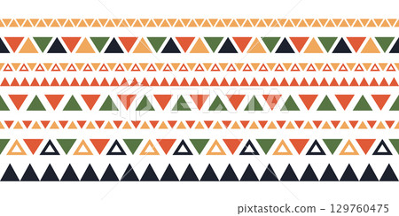 Mexican ethnic line seamless pattern. African ethnic motif border. Triangular color ornament stripe. African ethnic culture ornament. Vector illustration isolated on white background 129760475