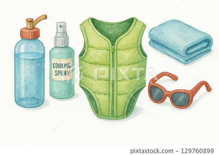Watercolor illustration of summer pet set with green vest, sunglasses, cooling spray, towel, and bottle for pet comfort during hot weather 129760899
