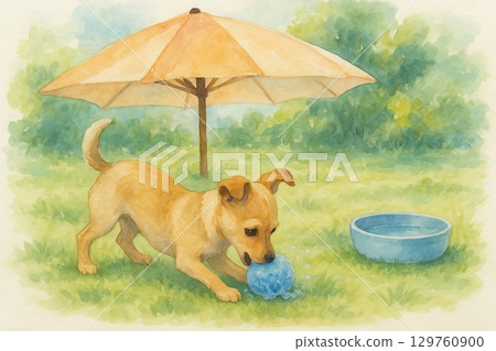 Watercolor illustration of playful dog with toy under umbrella in sunny garden. concept of cute pet, summer playtime, outdoor leisure 129760900