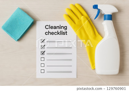 Cleaning checklist with yellow gloves, spray bottle, and cloth on wooden surface. concept of household chores, cleaning supplies, home maintenance Cleaning checklist with yellow gloves, spray bottle, and cloth on wooden surface. concept of household chores, cleaning supplies, home maintenance 129760901