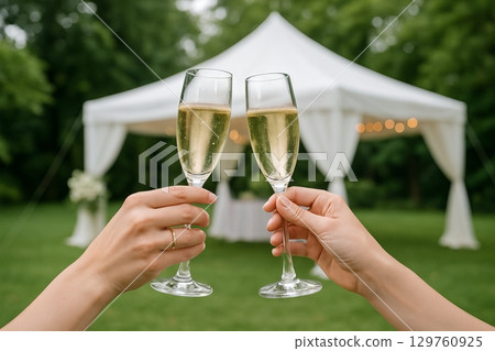 Hands clinking champagne glasses at outdoor wedding with elegant tent in background. concept of celebration, love, special occasions Hands clinking champagne glasses at outdoor wedding with elegant tent in background. concept of celebration, love, special occasions 129760925
