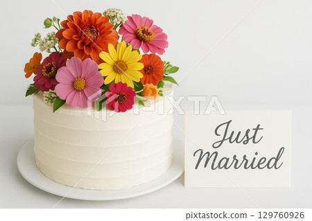 Elegant wedding cake with colorful flowers and just married sign for celebration. concept of wedding decor, romantic celebration, floral arrangement Elegant wedding cake with colorful flowers and just married sign for celebration. concept of wedding decor, romantic celebration, floral arrangement 129760926