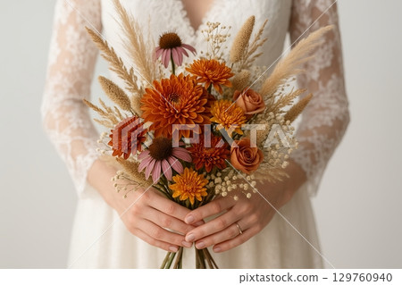 Bride holding an elegant autumn wedding bouquet with orange and pink flowers. concept of fall bridal floral arrangement, seasonal wedding decor, romantic celebration. 129760940