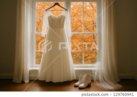 Elegant autumn wedding dress with lace in front of window and orange leaves. concept of bridal fashion, seasonal wedding, fall elegance Elegant autumn wedding dress with lace in front of window and orange leaves. concept of bridal fashion, seasonal wedding, fall elegance 129760941