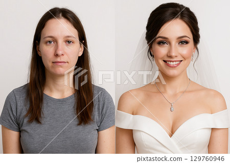 Bride transformation before and after: woman's stunning makeover journey showcasing beauty and elegance in bridal attire and jewelry 129760946