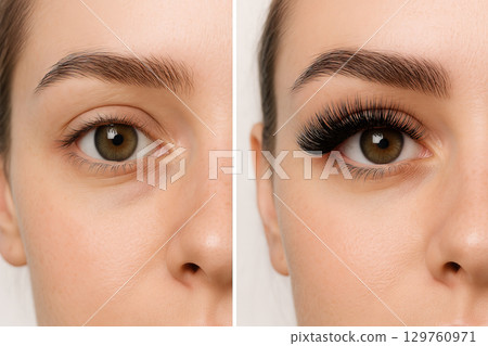 Close up of female eye showing before and after eyelash extensions with natural makeup. Concept of beauty transformation, cosmetic procedure, lash enhancement, aesthetic treatment, comparison 129760971