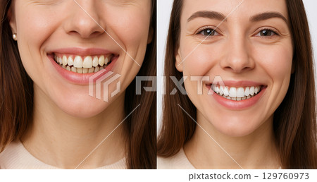 Before and after teeth whitening on smiling woman with visible dental improvement. Concept of cosmetic dentistry, smile makeover, oral care, dental aesthetics, whitening comparison 129760973