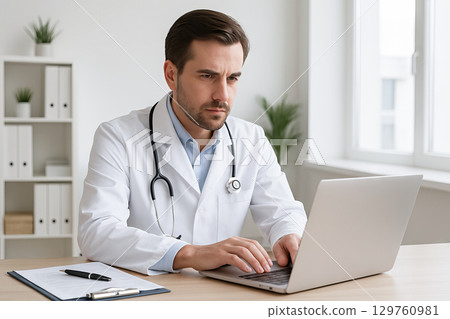 Male doctor working on laptop in modern office environment. concept of medical professional, technology use in healthcare, workplace focus 129760981