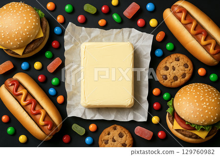 Block of butter surrounded by colorful candy, cheeseburgers, hot dogs, and cookies on a black background. concept of junk food variety, fast food indulgence, snack assortment. 129760982