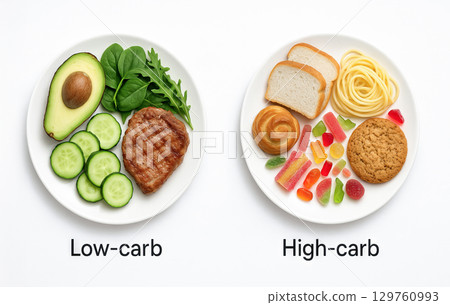 Low-carb vs high-carb diet concept with avocado, grilled meat, spinach, breads, sweets on plates. concept of healthy eating, nutritional choices, diet comparison 129760993