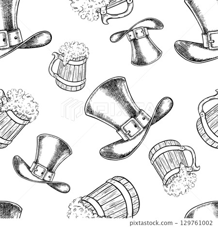 Seamless pattern with leprechaun cylinders and beer mugs. Hand-drawn black and white graphic illustration. For St. Patrick s Day, for textiles, banners and packaging, holiday decor, and more. 129761002