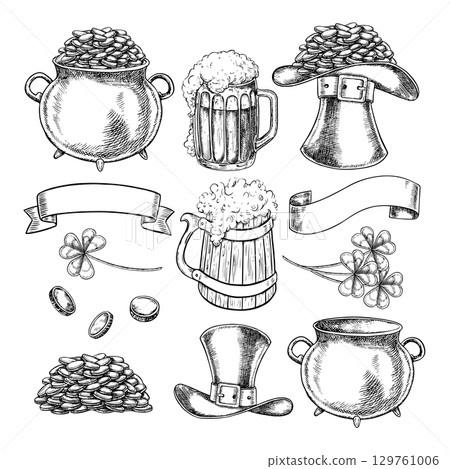 Set of illustrations for St. Patrick s Day. Cauldron, clover, hat, coins, and beer. Hand-drawn black and white graphic illustration. For greeting card, banner, packaging, invitations, holiday decor. 129761006