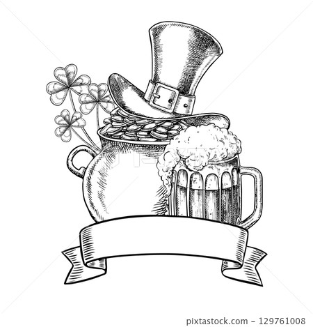 Composition for St. Patrick s Day. Cauldron with coins and a top hat, a shamrock, and beer. Hand-drawn black and white graphic illustration. For greeting cards, packaging, invitations, holiday decor. 129761008