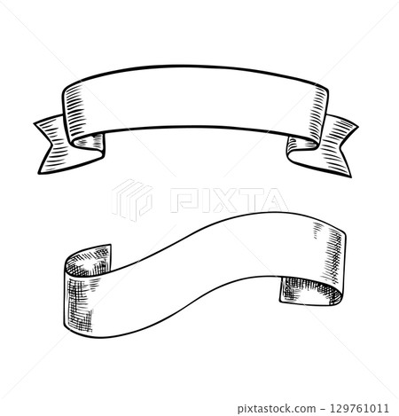 Label tape for an inscription. A vector black and white graphic illustration, hand-drawn on a white background. An element of design for labels, menus, packages, and posters. Label tape for an inscription. A vector black and white graphic illustration, hand-drawn on a white background. An element of design for labels, menus, packages, and posters. 129761011