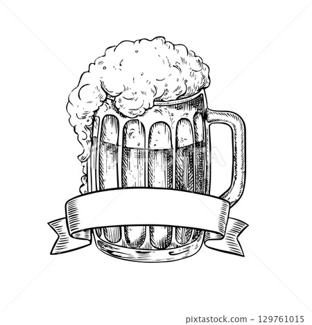 Beer glass mug with beer and foam and a ribbon for writing. Hand-drawn black and white graphic illustration. For menus, pubs or restaurants, labels, posters, packaging, and more. 129761015