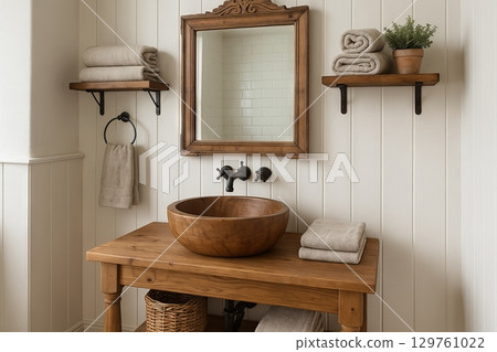 Rustic farmhouse bathroom decor featuring wooden vanity and mirror for simple elegant interior design and cozy home ambiance 129761022