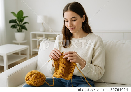 Woman knitting in a bright white room creating cozy garments with yellow yarn. concept of relaxing hobby, cozy home environment, mastery of craft, tranquil lifestyle 129761024