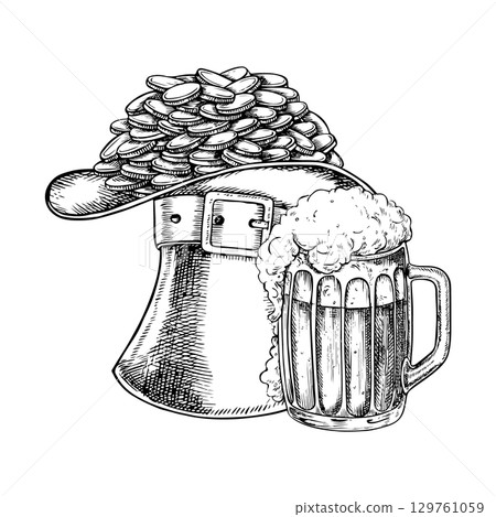 A cylinder with coins and a mug of beer in honor of St. Patrick s Day. Hand-drawn black and white graphic illustration. For greeting cards, banners, flyers, and invitations. A cylinder with coins and a mug of beer in honor of St. Patrick s Day. Hand-drawn black and white graphic illustration. For greeting cards, banners, flyers, and invitations. 129761059