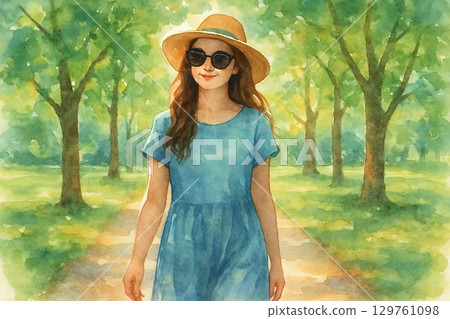 Elegant woman walking in sunny park wearing a blue dress and straw hat illustration. concept of summer fashion, leisure stroll, outdoor serenity 129761098