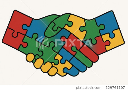 Colorful puzzle pieces forming a handshake symbolizing teamwork and cooperation in a simple composition. concept of unity, partnership, collaboration 129761107